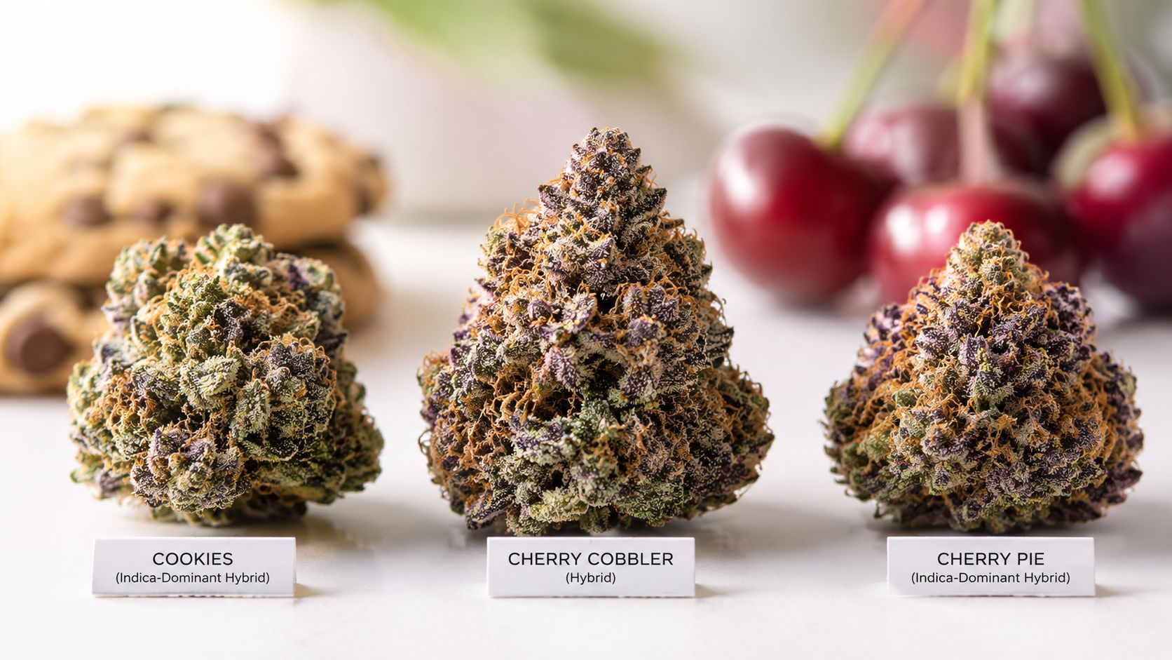 Three cannabis buds labeled Cookies, Cherry Cobbler, and Cherry Pie arranged with cookies and cherries.