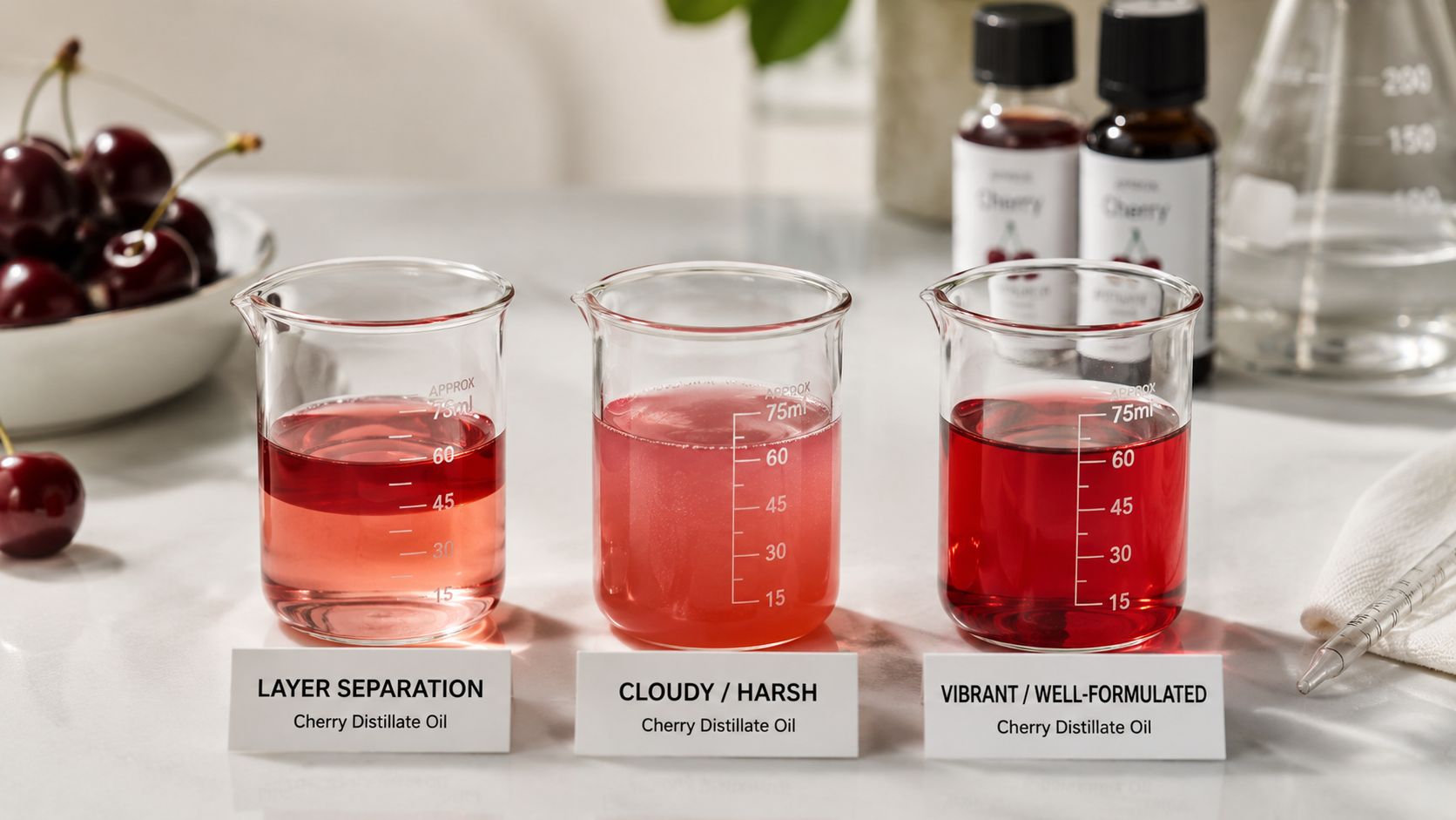Three beakers showing different stages of cherry distillate oil consistency, including layer separation, cloudiness, and proper formulation.
