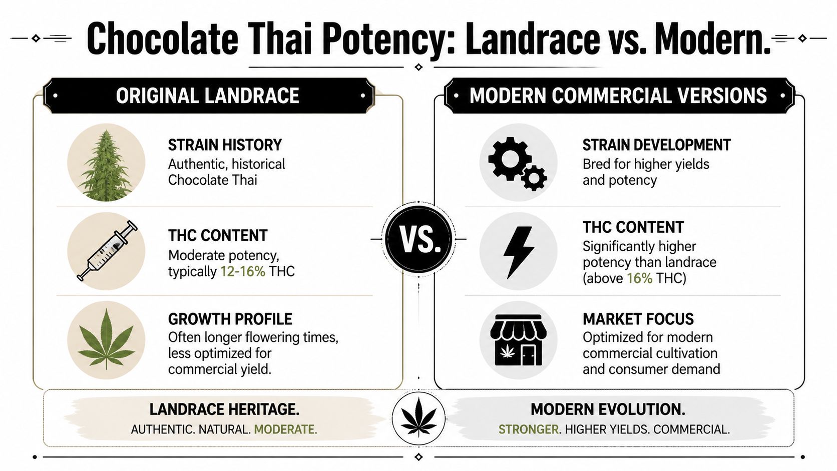 A comparison infographic showing differences between original landrace Chocolate Thai and modern commercial cannabis versions.