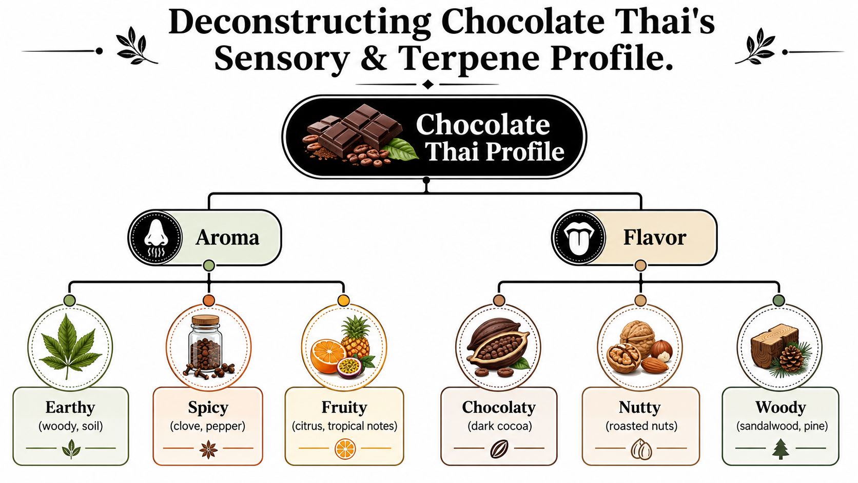 An infographic showing the sensory and terpene profile of Chocolate Thai cannabis, detailing aroma and flavor characteristics.