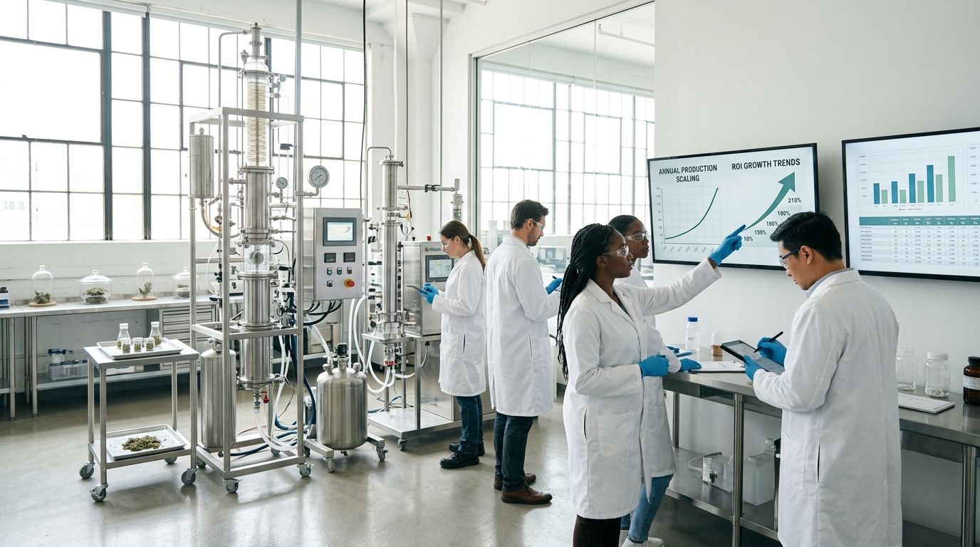 A team of scientists in lab coats reviewing production data charts in a modern botanical extraction facility.