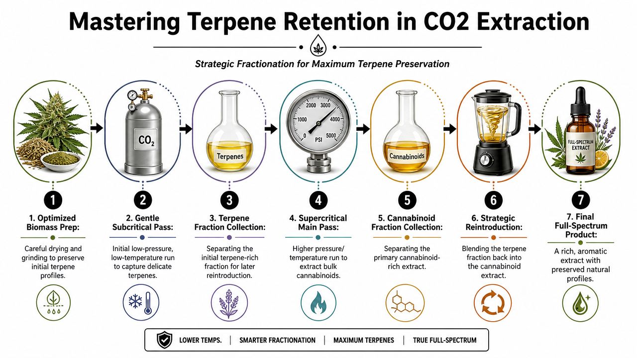 A step-by-step infographic illustrating the CO2 extraction process for preserving terpenes in cannabis products.