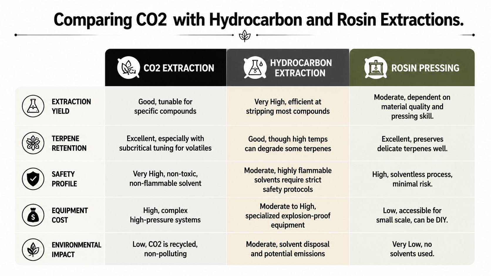 A comparison chart detailing the differences between CO2 extraction, hydrocarbon extraction, and rosin pressing methods.