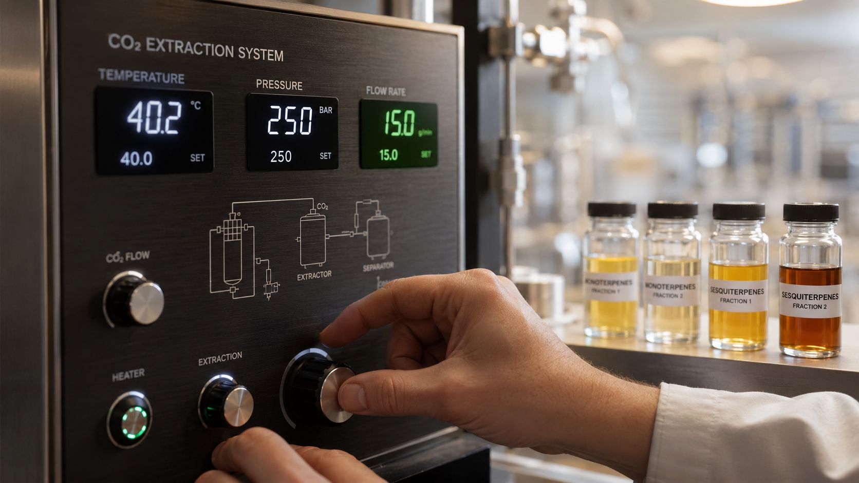 A scientist adjusting settings on a CO2 extraction machine with vials of extracted terpenes nearby.
