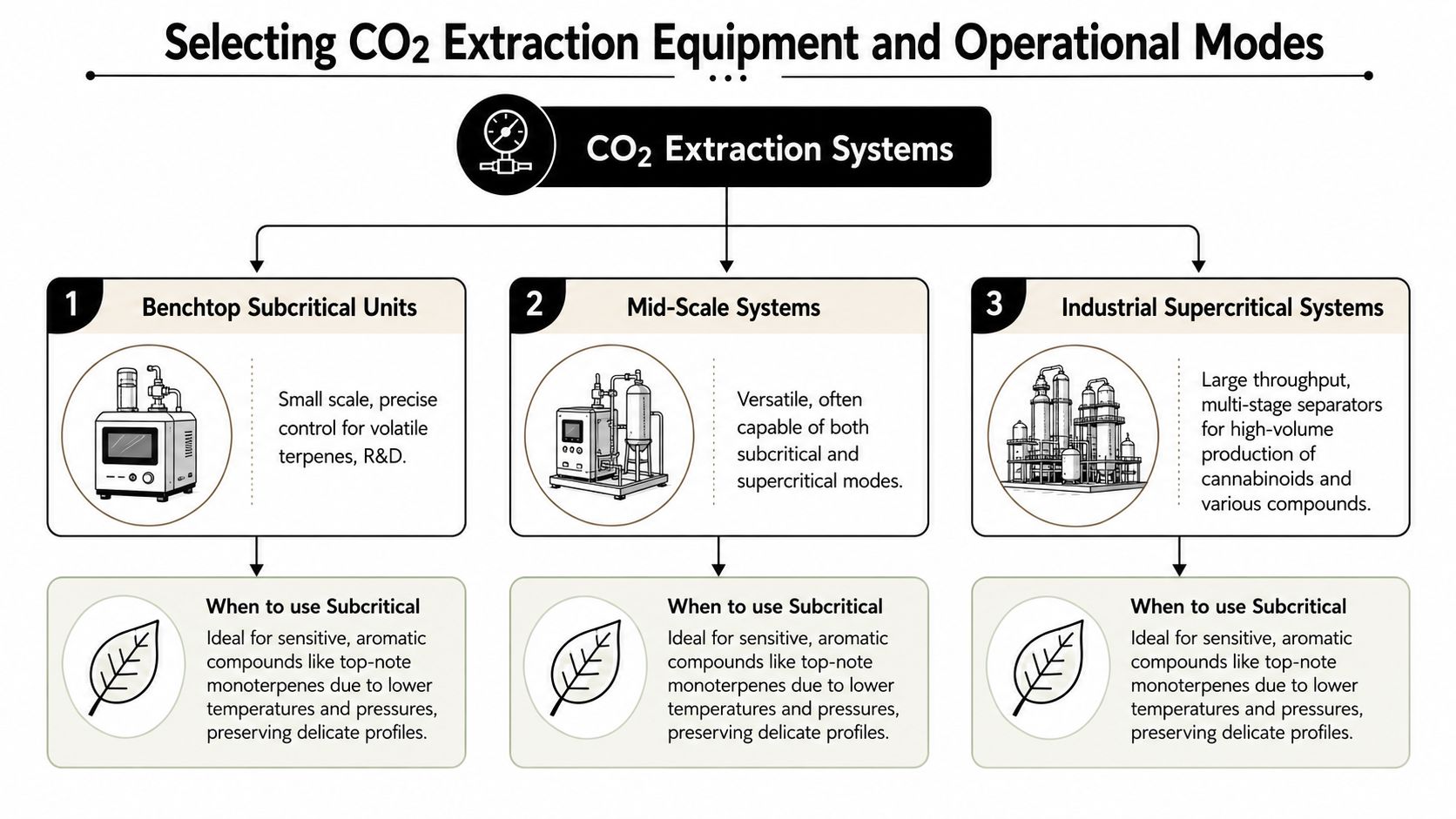 A diagram illustrating the three types of CO2 extraction systems used for cannabis processing and production.