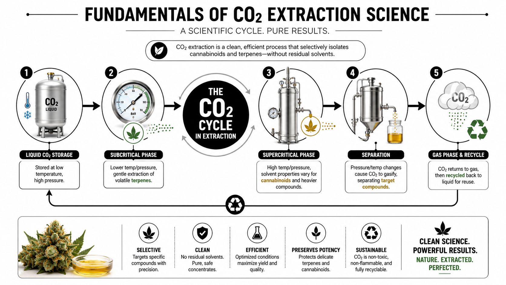 A scientific infographic explaining the five-step carbon dioxide extraction process for isolating cannabinoids and terpenes from plants.