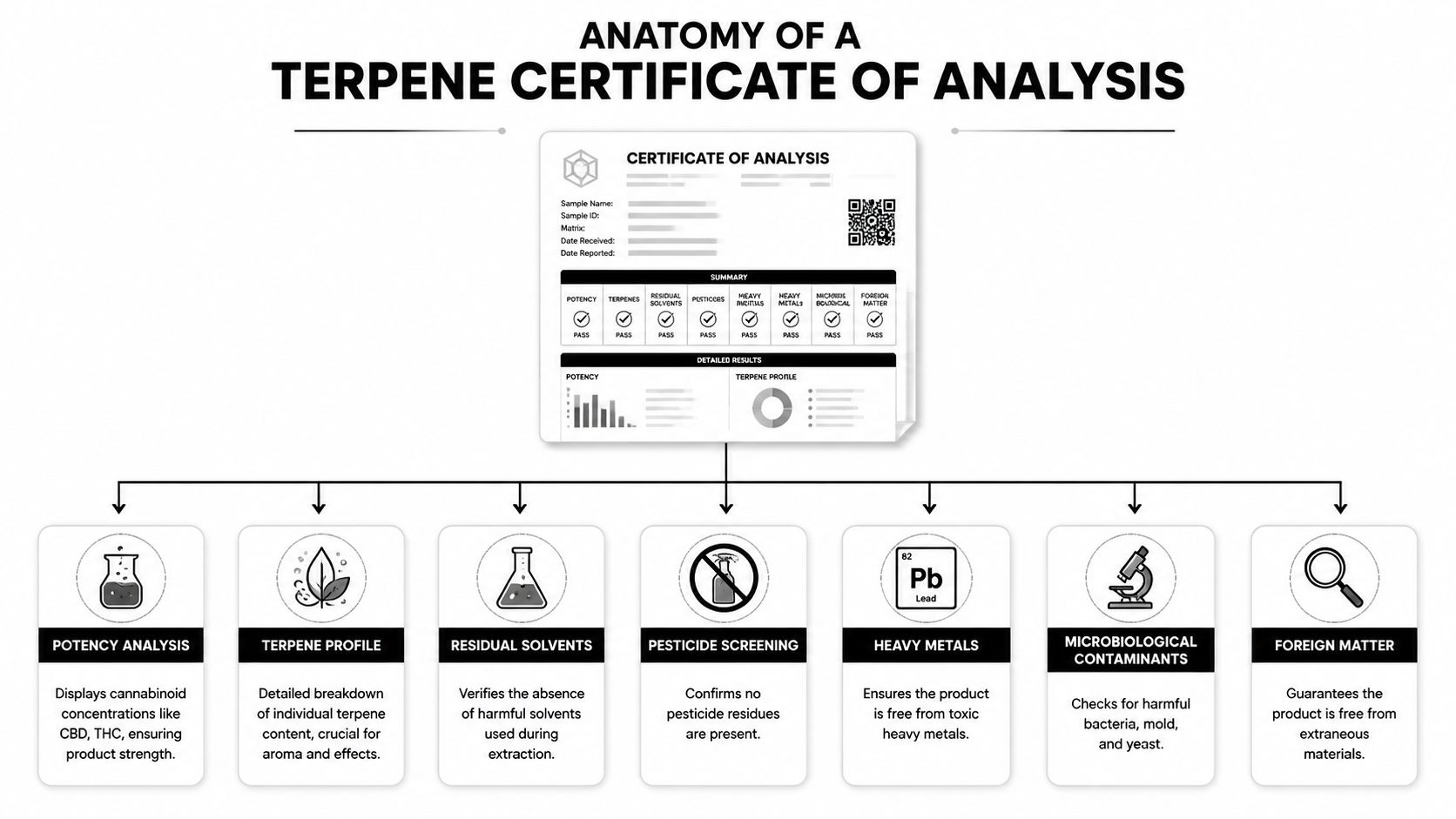 An infographic diagram explaining the key components and safety tests included in a terpene certificate of analysis.