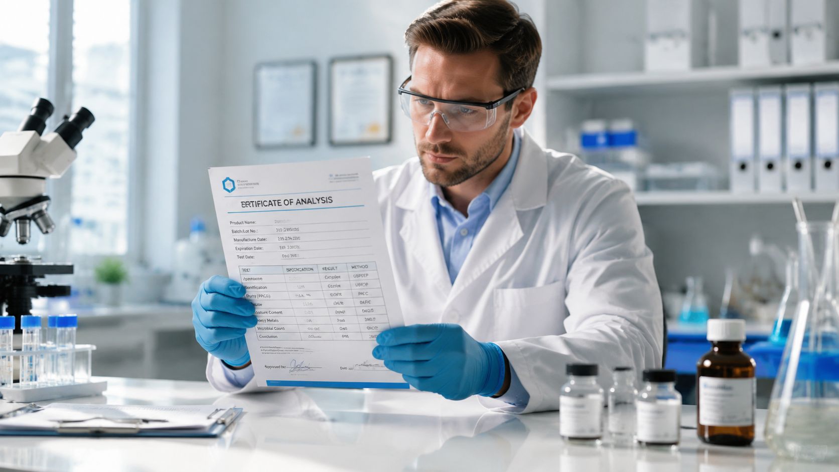 A professional chemist in a laboratory examining a document labeled Certificate of Analysis wearing protective gear.