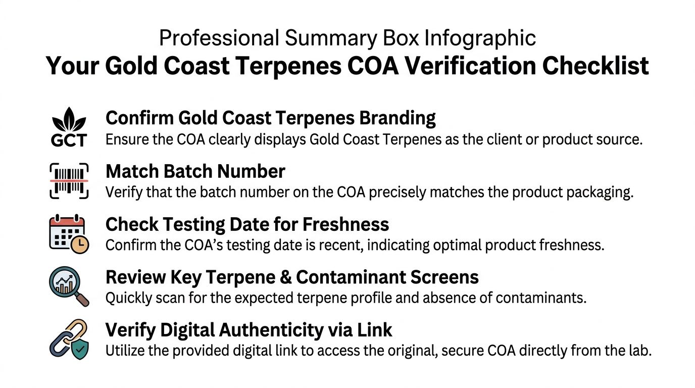 An infographic checklist for verifying Gold Coast Terpenes Certificate of Analysis documents for product authenticity.