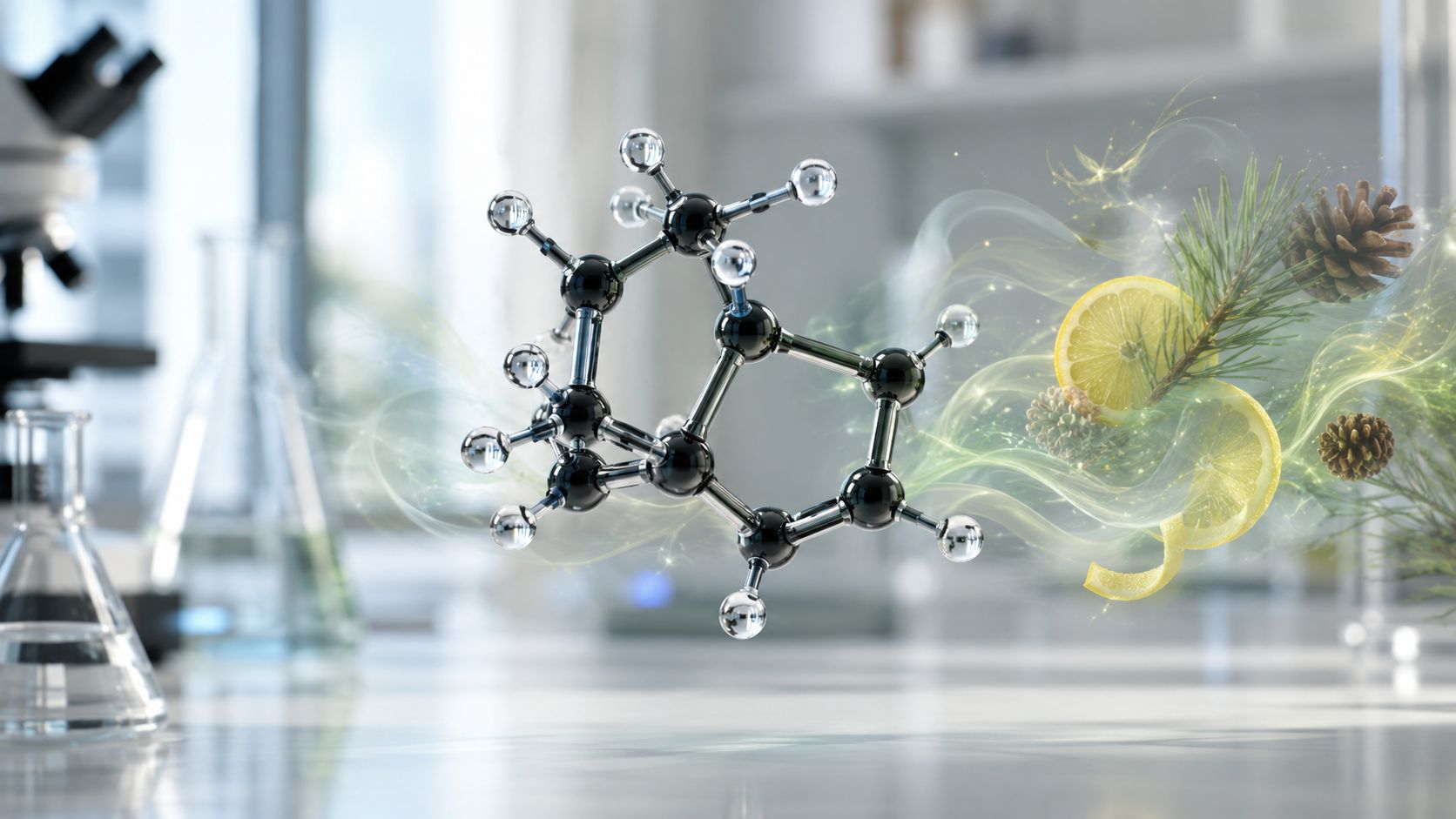 A chemical molecular model of delta-3-carene displayed alongside lemon slices and pine needles in a laboratory setting.