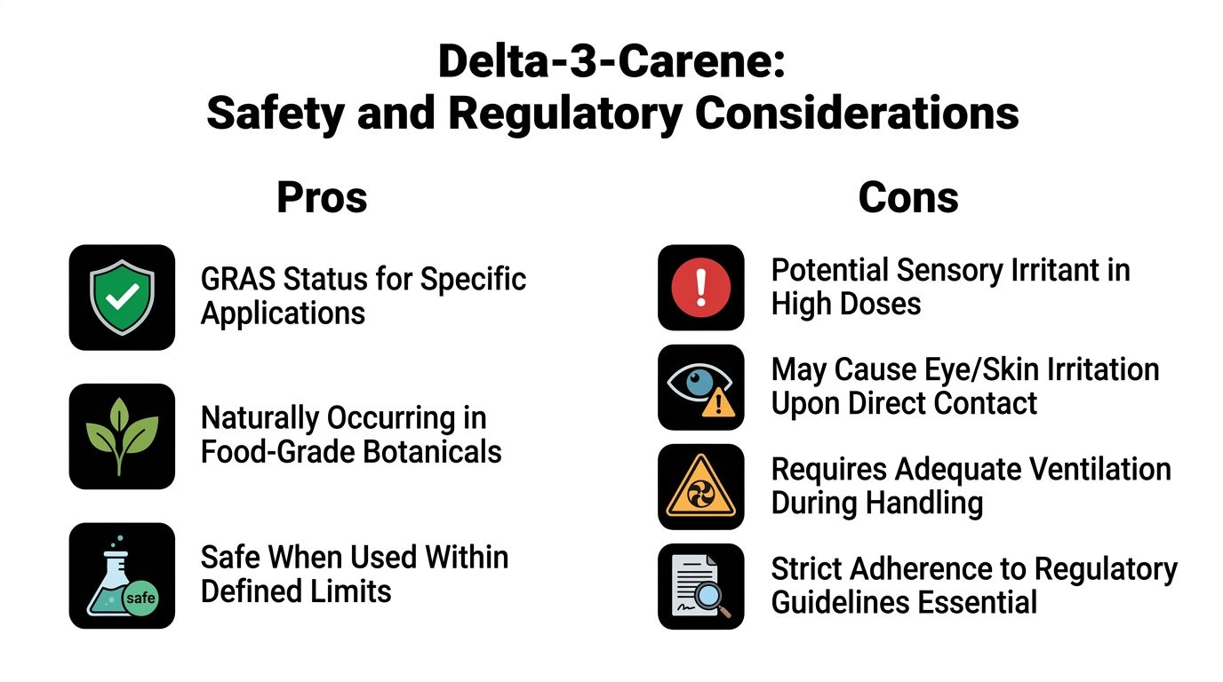 A safety infographic highlighting the pros and cons of Delta-3-Carene for regulatory and handling considerations.