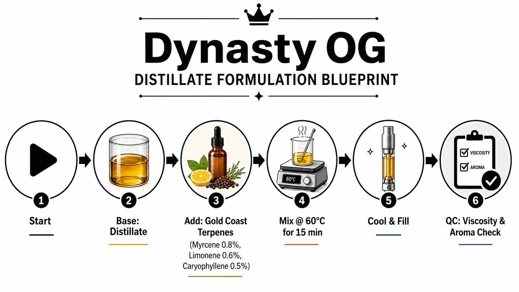 A six-step visual process infographic for formulating Dynasty OG distillate using terpenes and controlled heating methods.