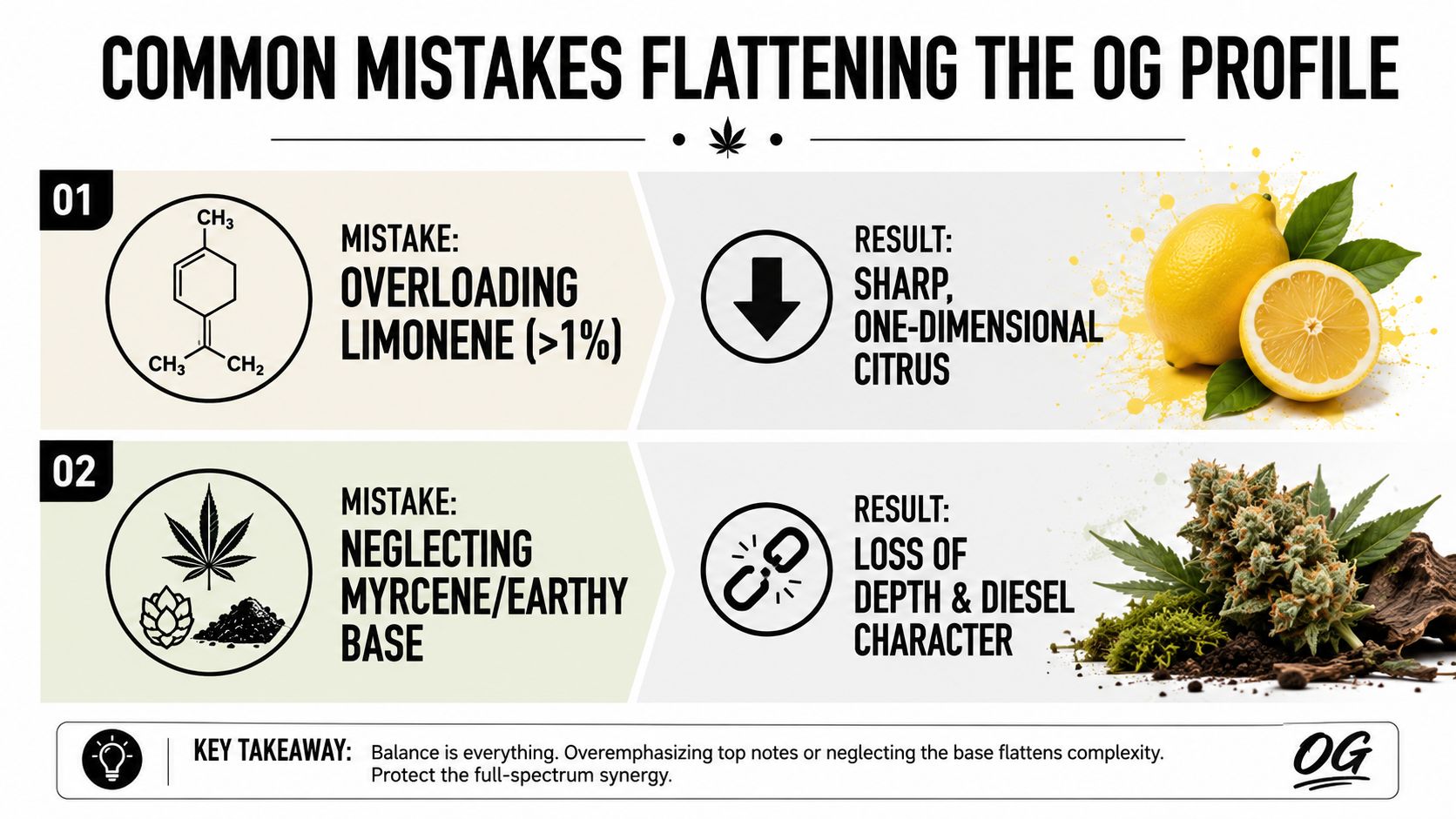 An infographic titled Common Mistakes Flattening the OG Profile, detailing how balancing limonene and myrcene creates complexity.