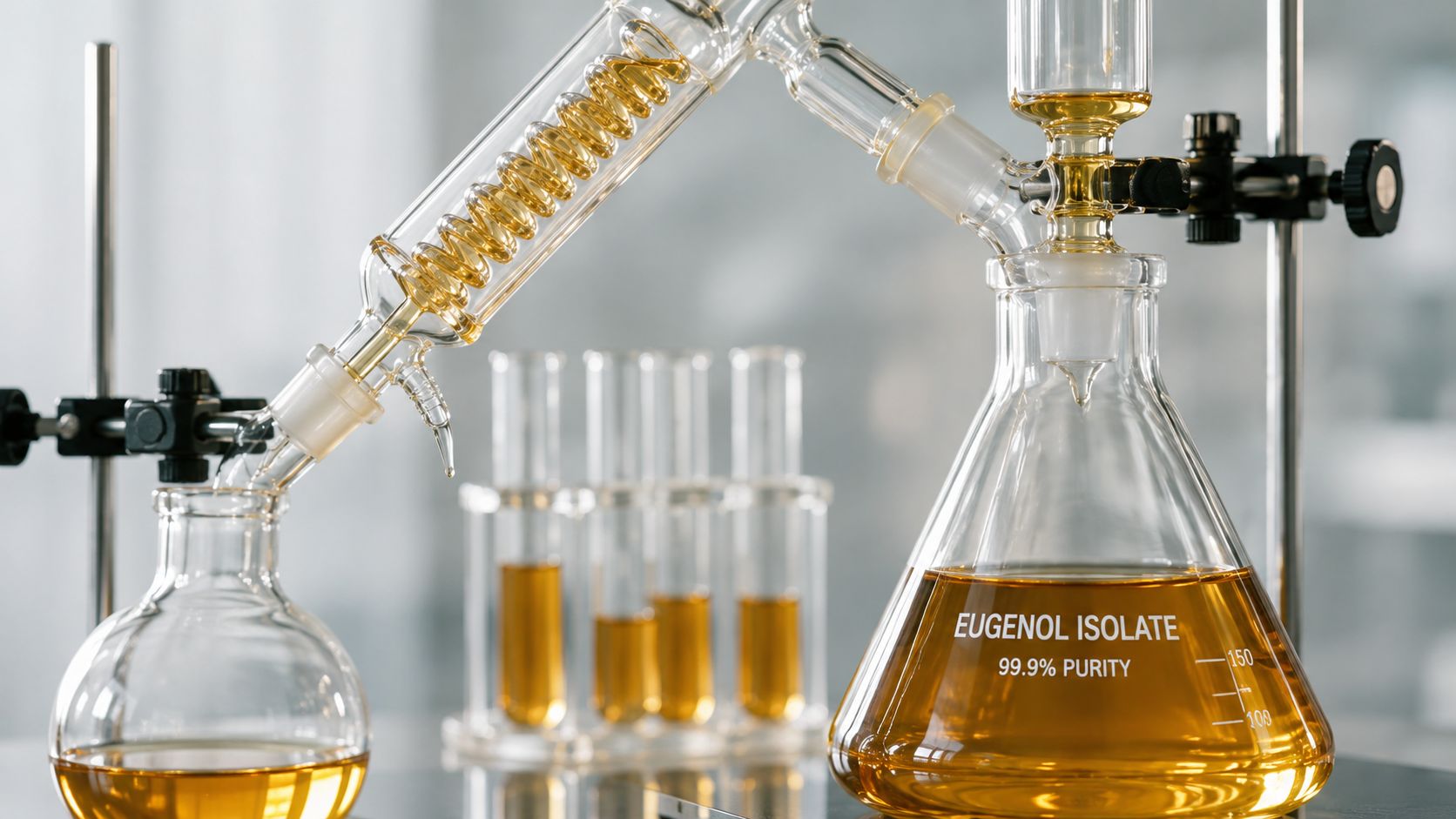 A chemical distillation setup extracting high purity eugenol isolate from clove oil in a laboratory setting.