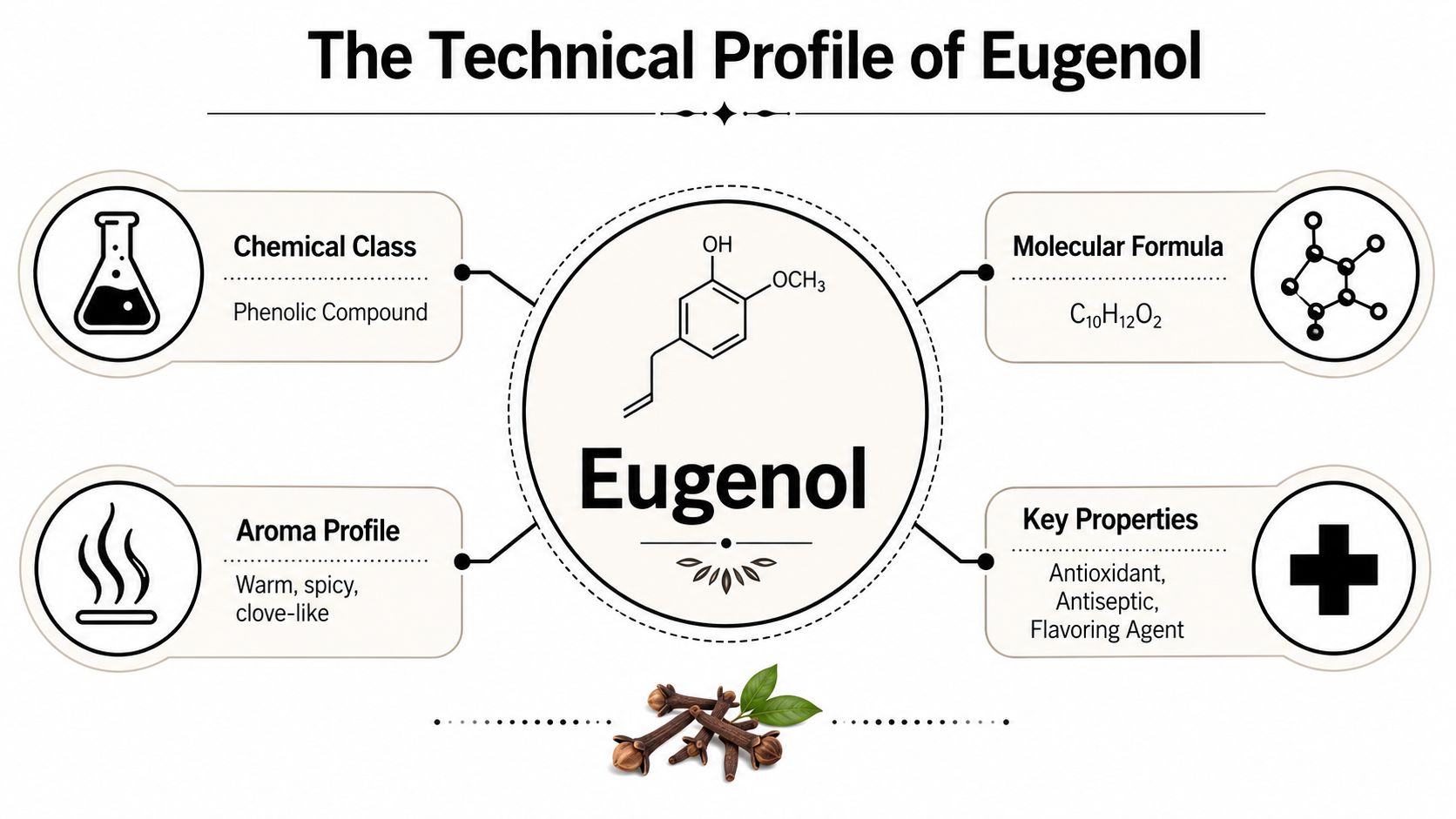A technical infographic detailing the chemical class, aroma profile, molecular formula, and properties of eugenol from cloves.