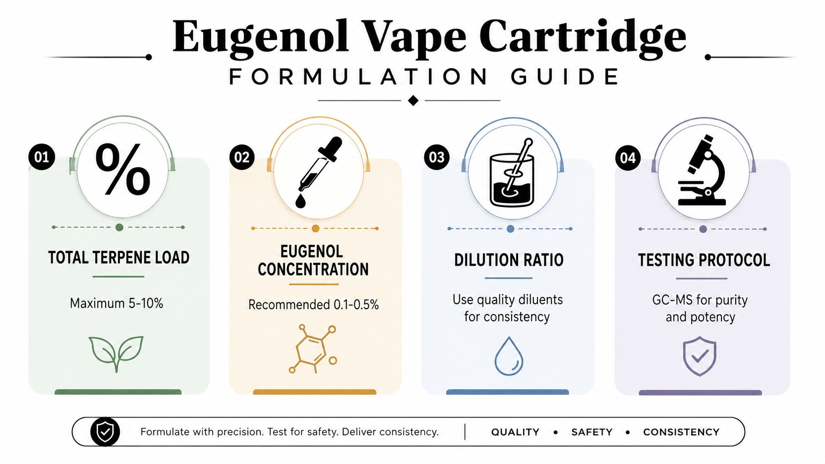 An infographic detailing the formulation guide for eugenol vape cartridges, including concentration and testing protocols.