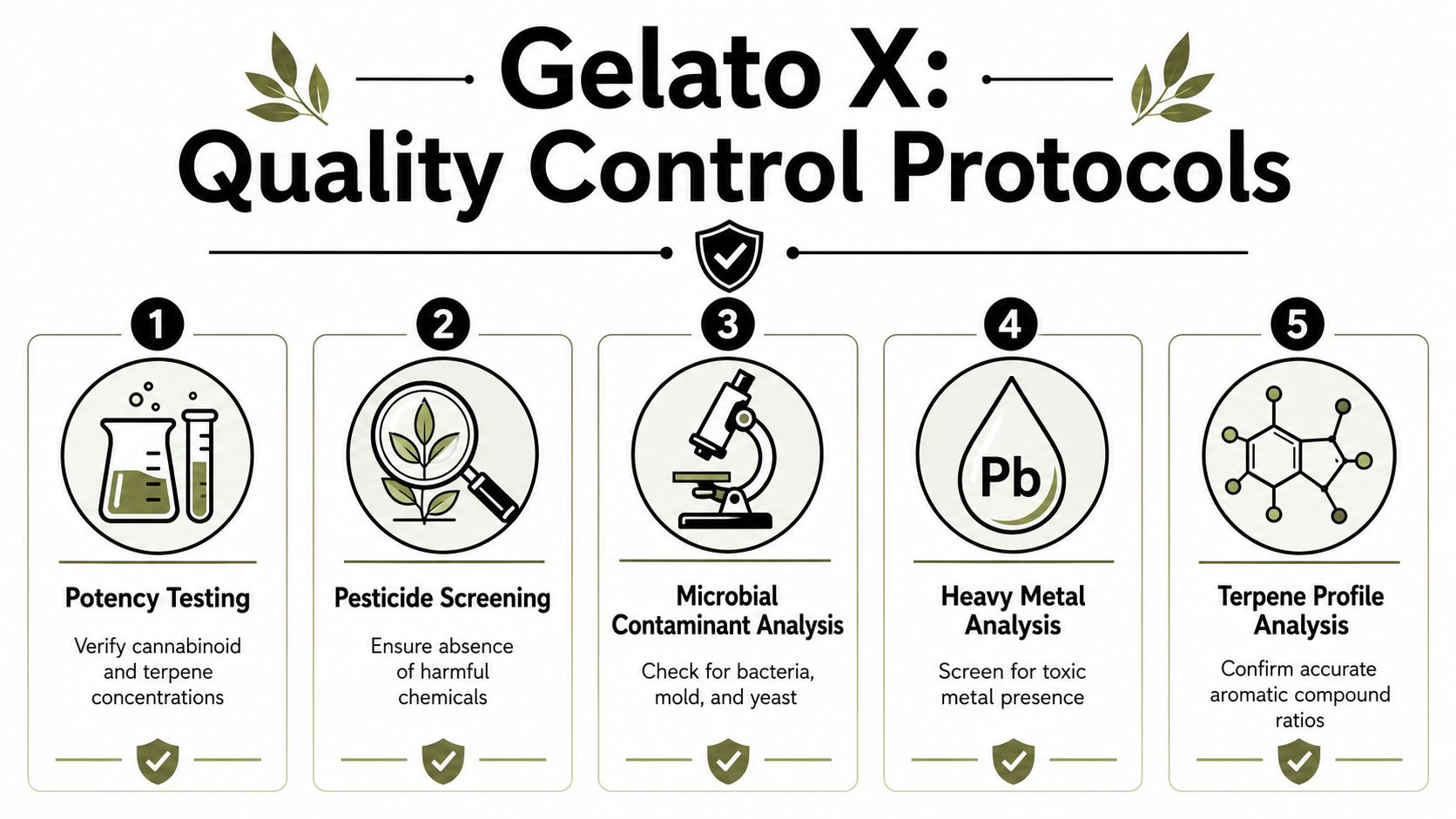 A diagram illustrating the five-step quality control protocols for the Gelato X cannabis strain.