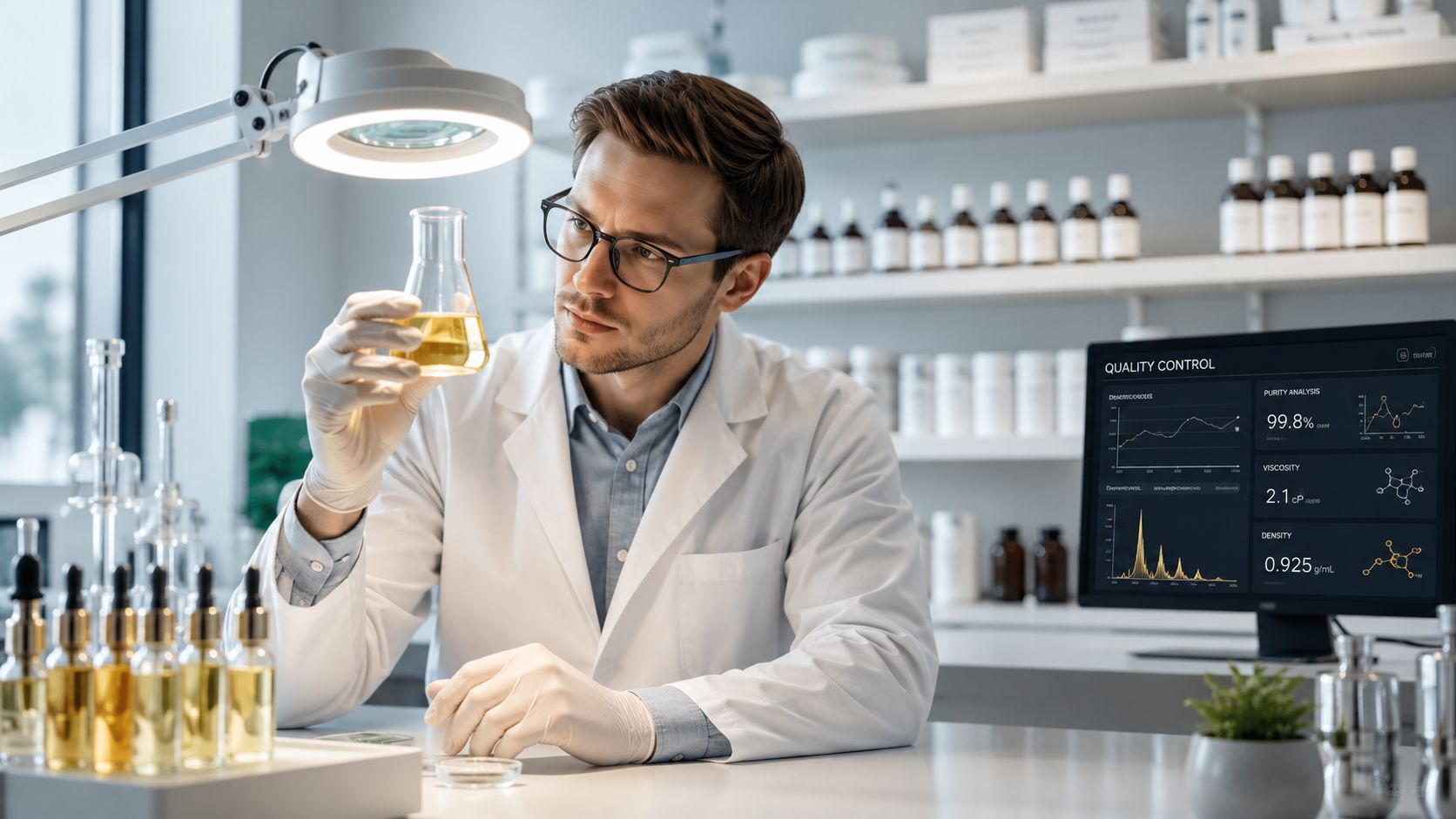 A professional chemist in a laboratory examining a glowing yellow liquid sample in a glass flask.