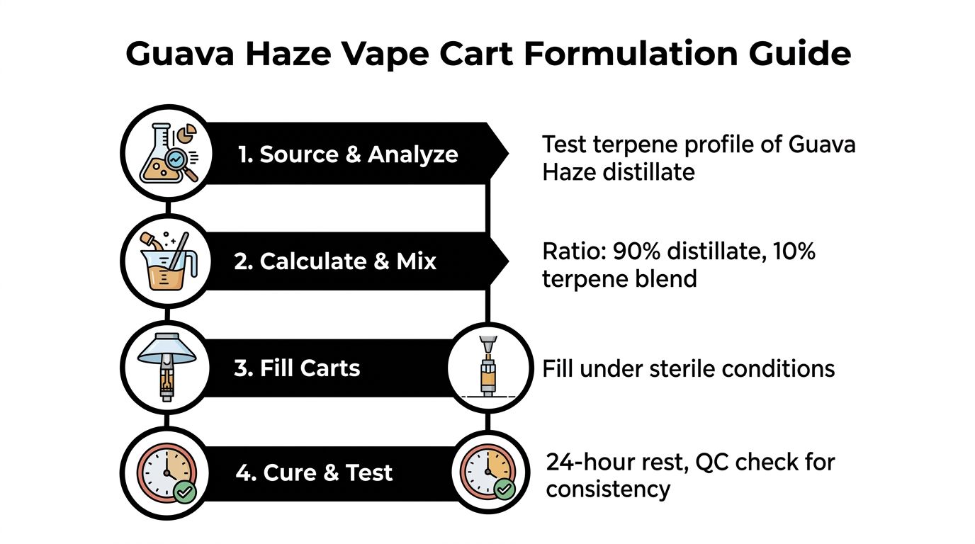 A step-by-step infographic titled Guava Haze Vape Cart Formulation Guide showing the process of manufacturing cartridges.
