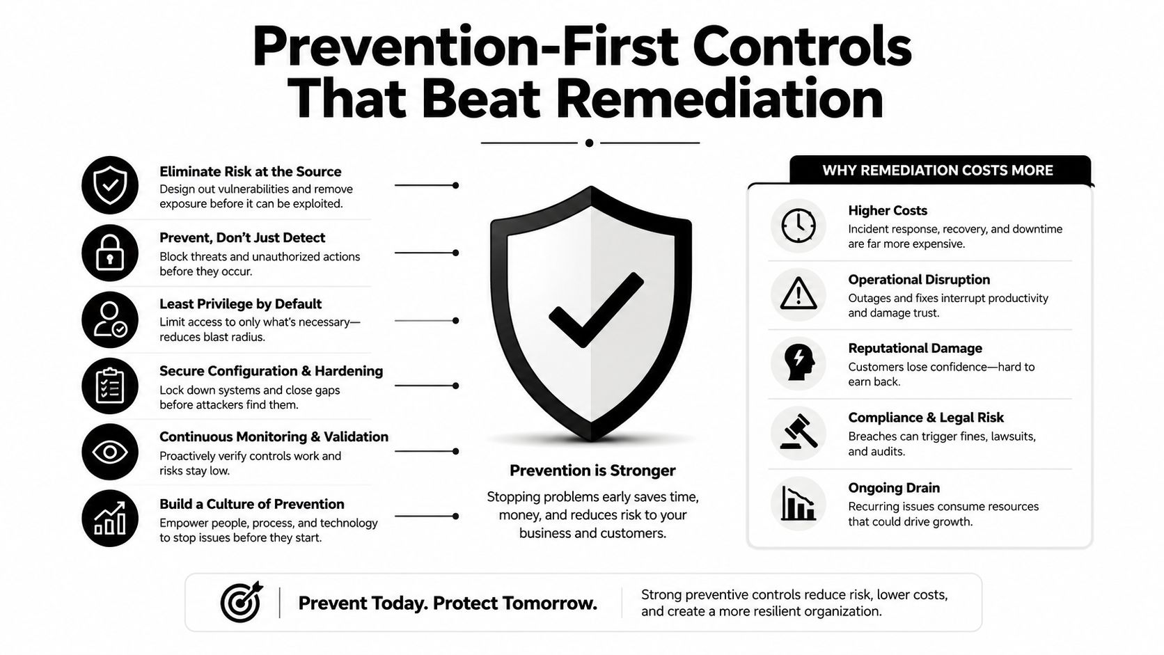 An infographic illustrating the benefits of prevention-first cybersecurity strategies over reactive remediation to lower organizational risk.