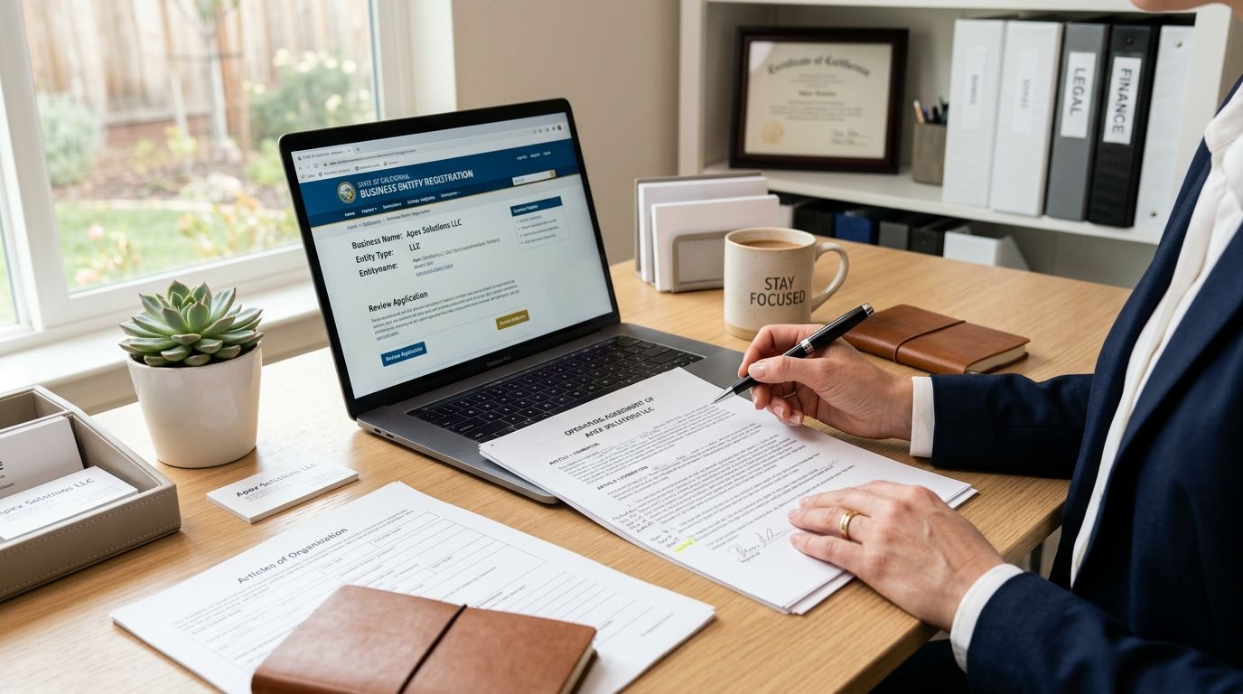 A professional working on business registration documents at a clean desk with a laptop and supplies.