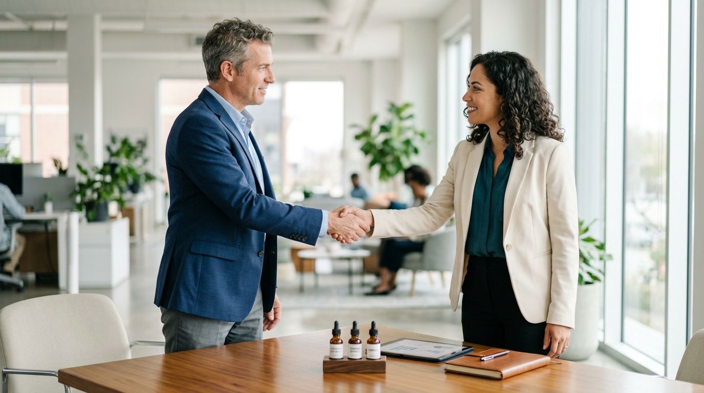 A professional man and woman shake hands in a bright, modern office setting after a business meeting.
