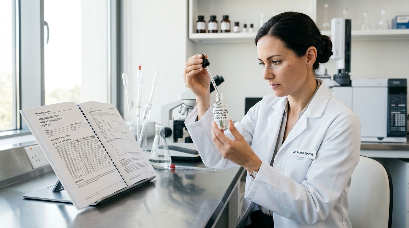 A female scientist in a lab coat examines a chemical sample with a dropper while consulting a manual.