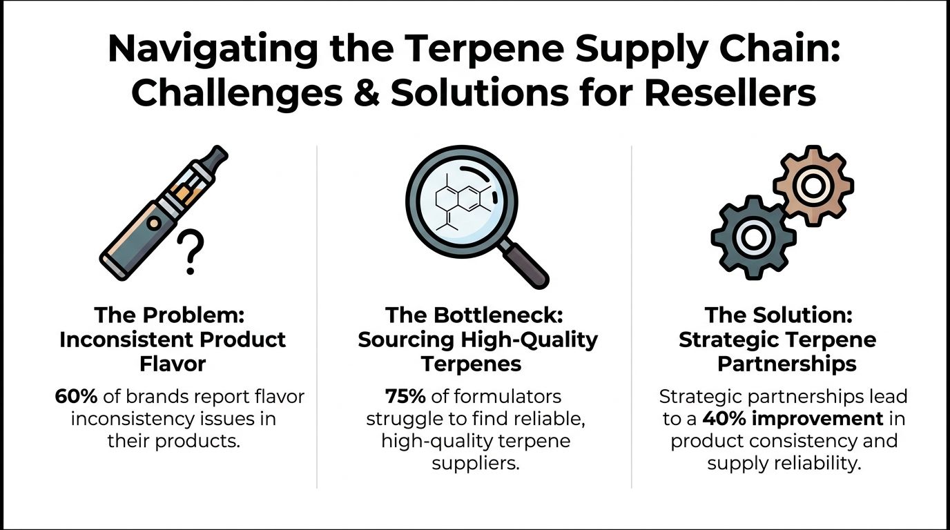 An infographic detailing challenges and solutions for resellers in the terpene supply chain, highlighting flavor inconsistency and sourcing.