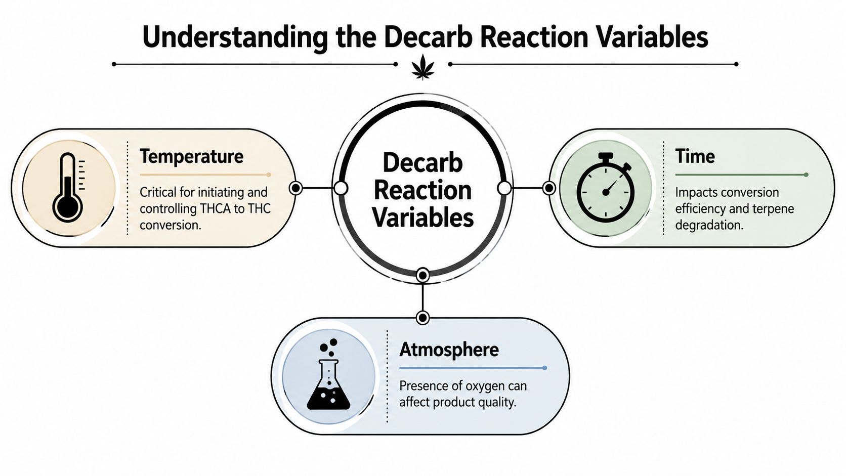 An infographic titled Understanding the Decarb Reaction Variables, showing temperature, time, and atmosphere as key factors.