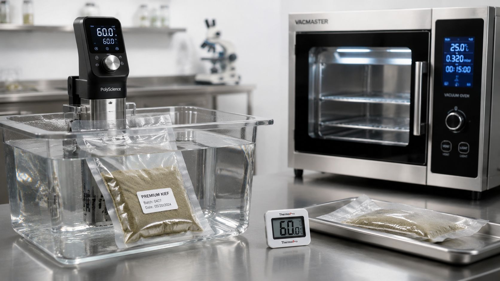 A professional laboratory setup featuring kief being decarboxylated in a sous vide water bath and vacuum oven.
