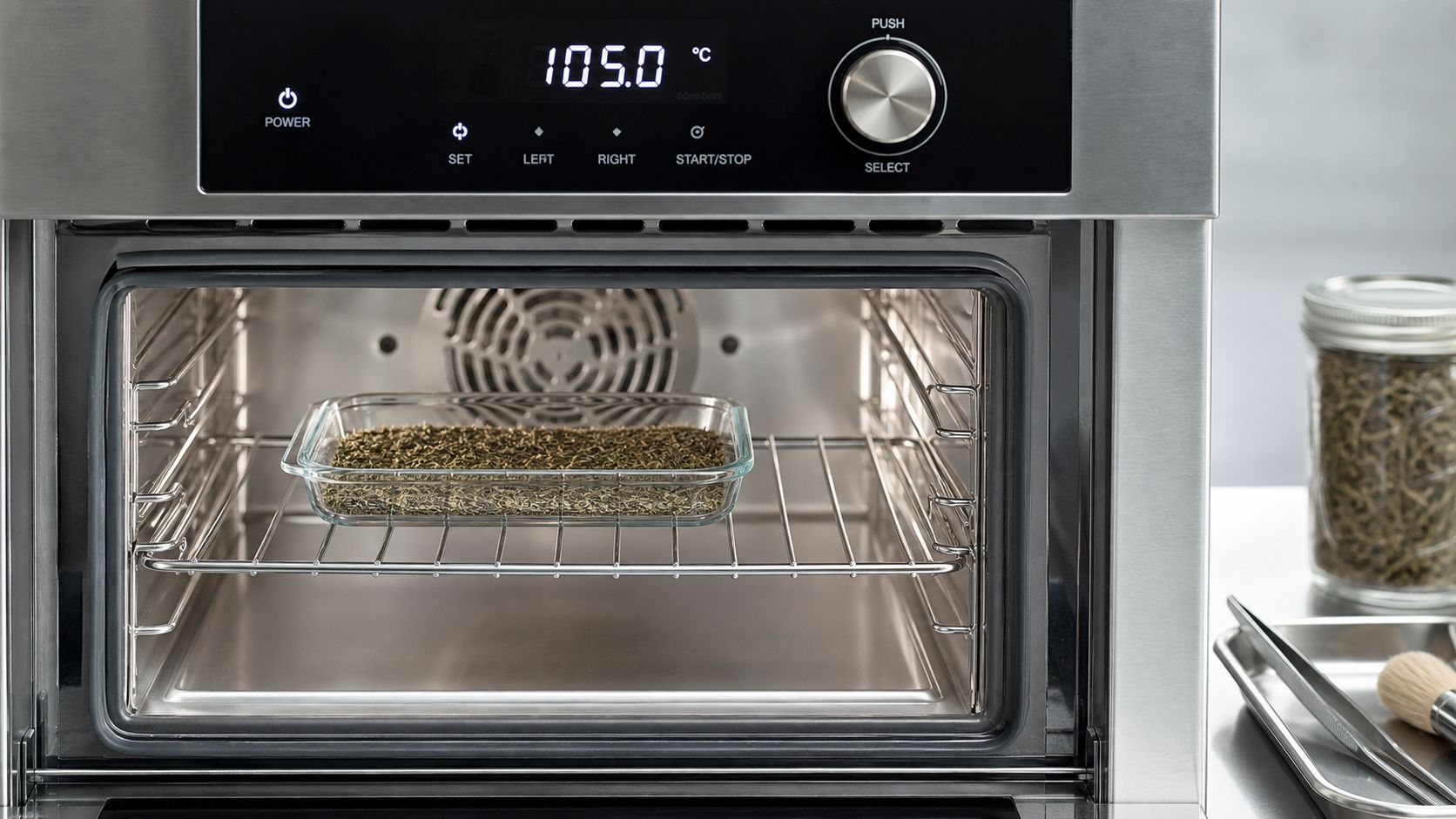 A glass dish filled with loose kief inside a stainless steel oven set to 105 degrees Celsius.