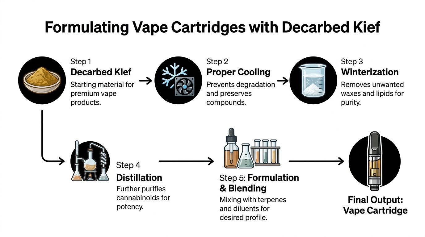 A diagram illustrating the five-step process of formulating cannabis vape cartridges using decarbed kief as starting material.