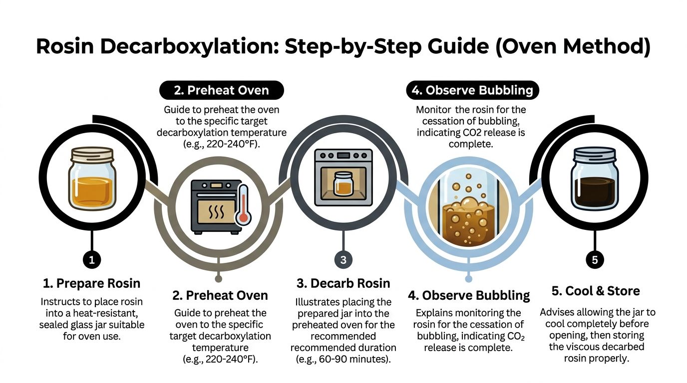 A five-step infographic illustrating the professional oven method for decarboxylating rosin in a glass jar.