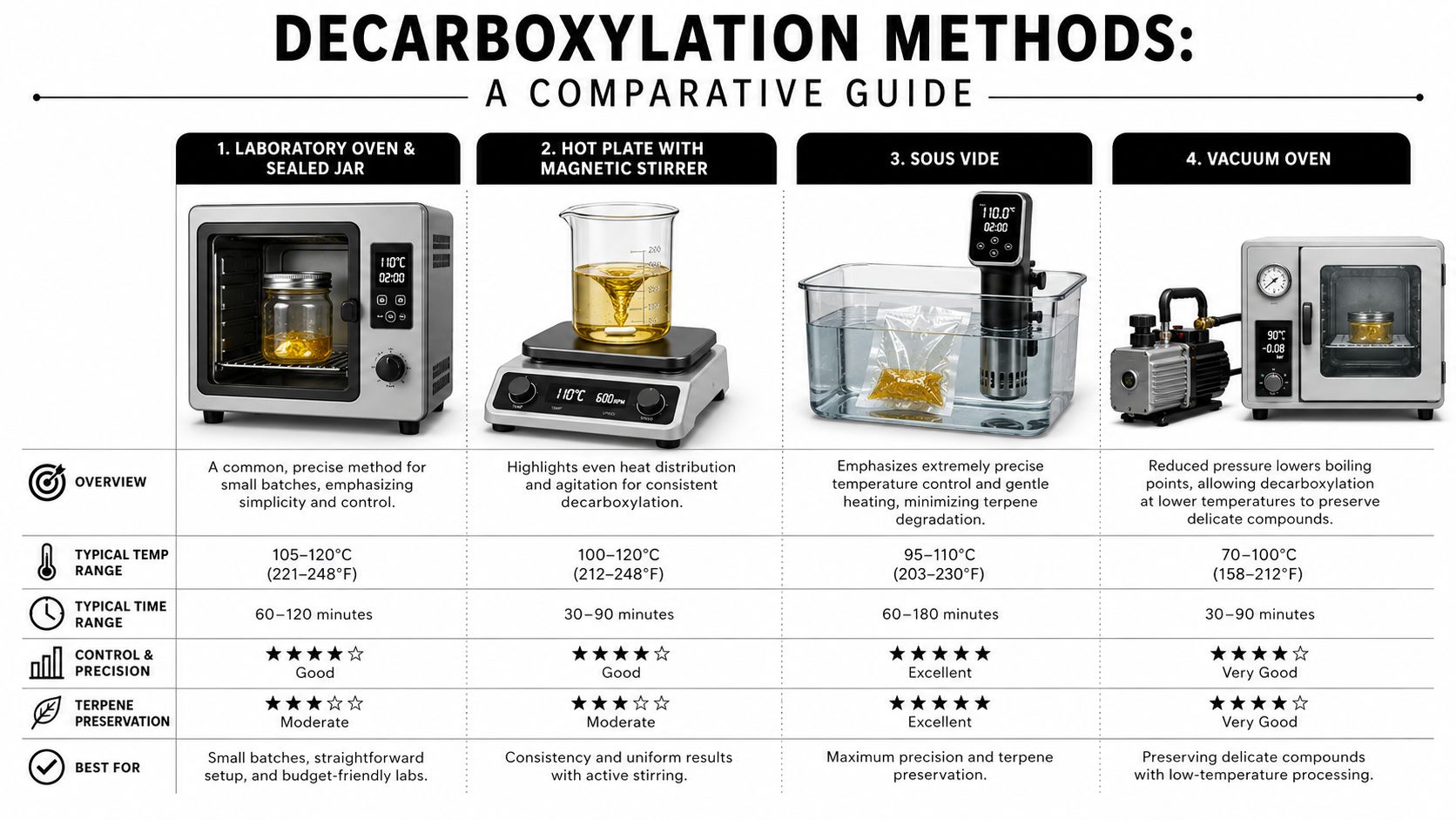 A comparative infographic showing four different laboratory methods for decarboxylation of rosin, including equipment and process details.