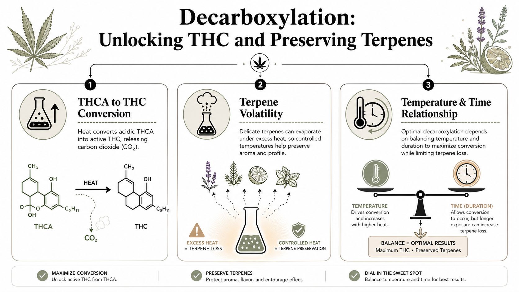 An infographic explaining the process of decarboxylation to convert THCA to THC while preserving cannabis terpenes.