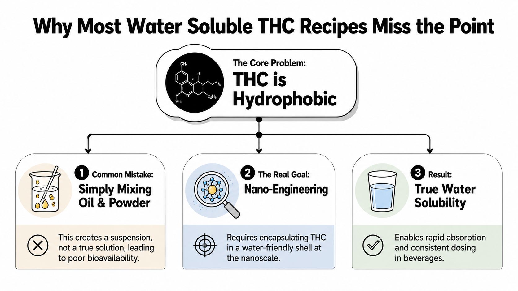 A diagram explaining why nano-engineering is necessary for creating truly water-soluble THC for consistent beverage dosing.