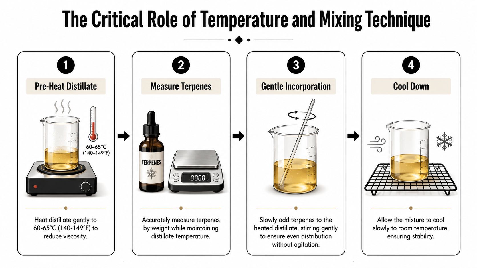 A step-by-step infographic illustrating the four stages of mixing cannabis distillate with terpenes while maintaining proper temperatures.