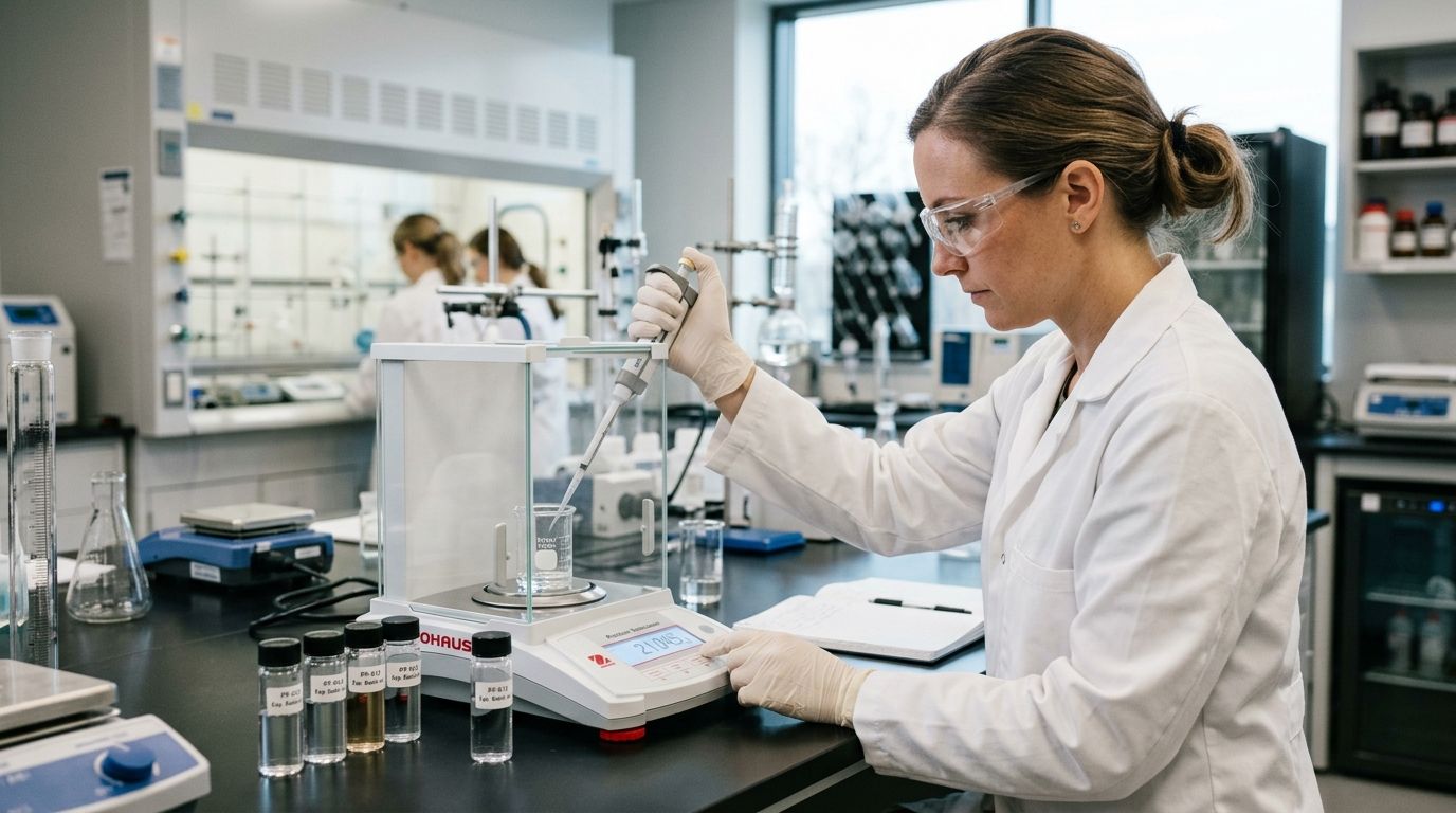 A female scientist in a lab coat uses a micropipette to carefully add liquid into a glass beaker.