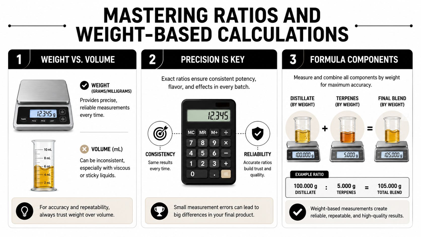 An infographic illustrating how to mix distillate and terpenes accurately using weight-based measurements for consistent results.