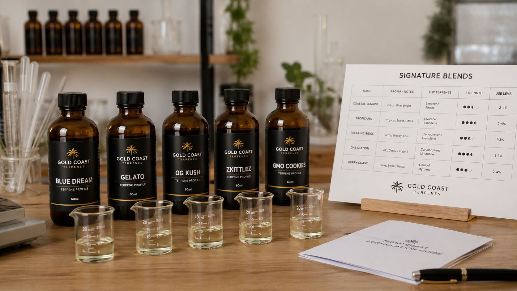 A professional setup for mixing distillate with Gold Coast terpenes including bottles, beakers, and a formulation guide.