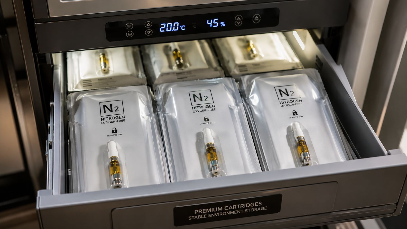 A storage drawer containing premium vape cartridges preserved in nitrogen-flushed, oxygen-free sealed packaging to maintain quality.