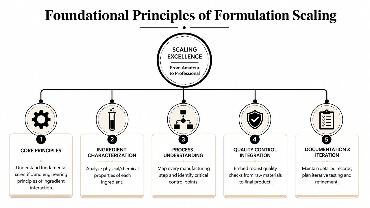 A diagram outlining five foundational principles for scaling formulations from amateur to professional production levels.