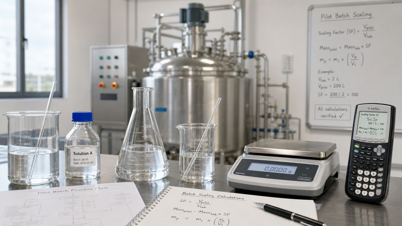 A laboratory workbench with beakers, a scale, a calculator, and scientific formulas for scaling pilot batches.