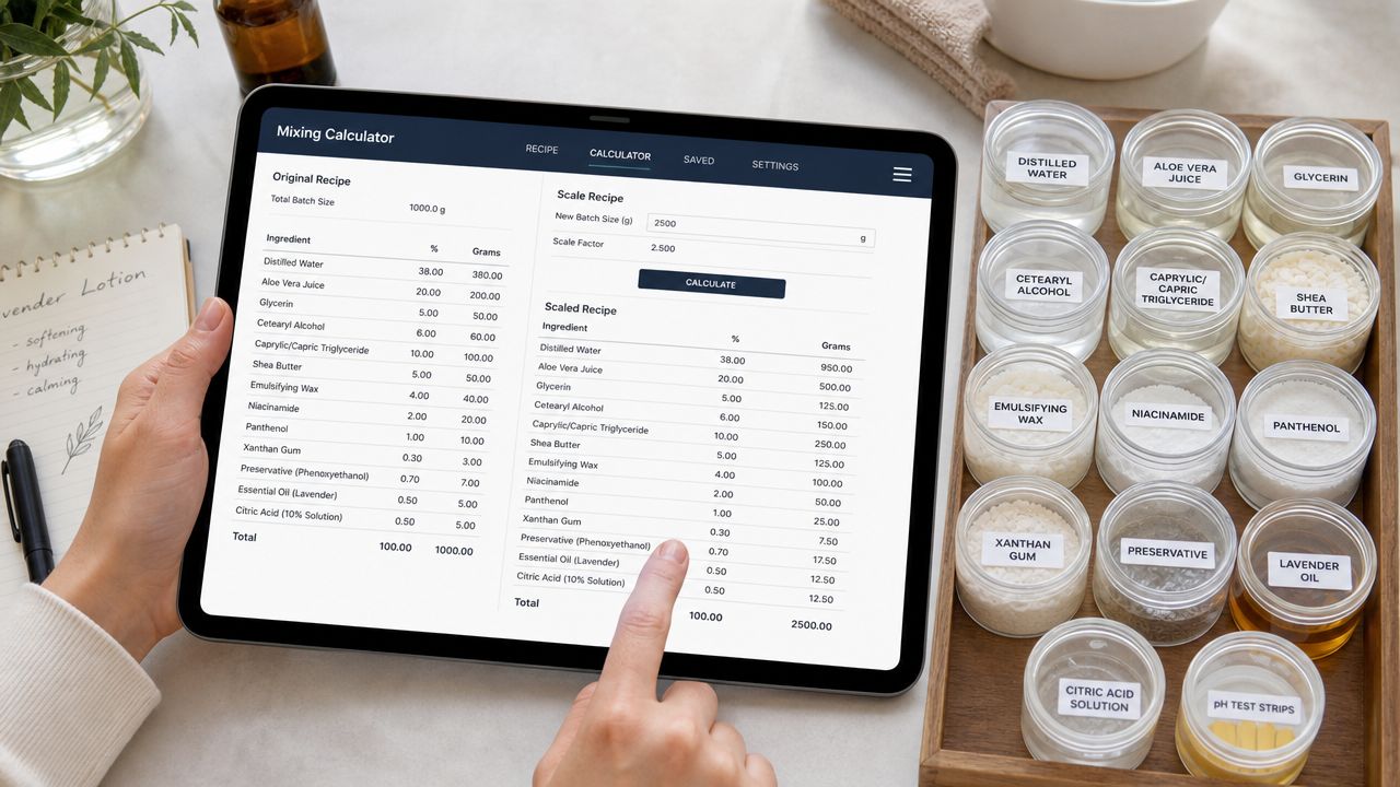 A person uses a tablet to calculate ingredient amounts for a lotion recipe using a mixing calculator app.
