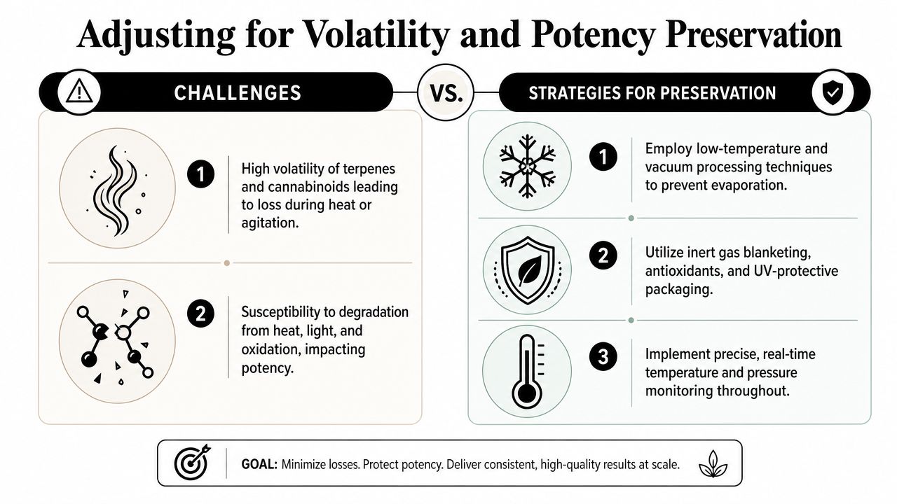 A diagram explaining challenges and strategies for preserving volatility and potency of cannabis extracts and terpenes.