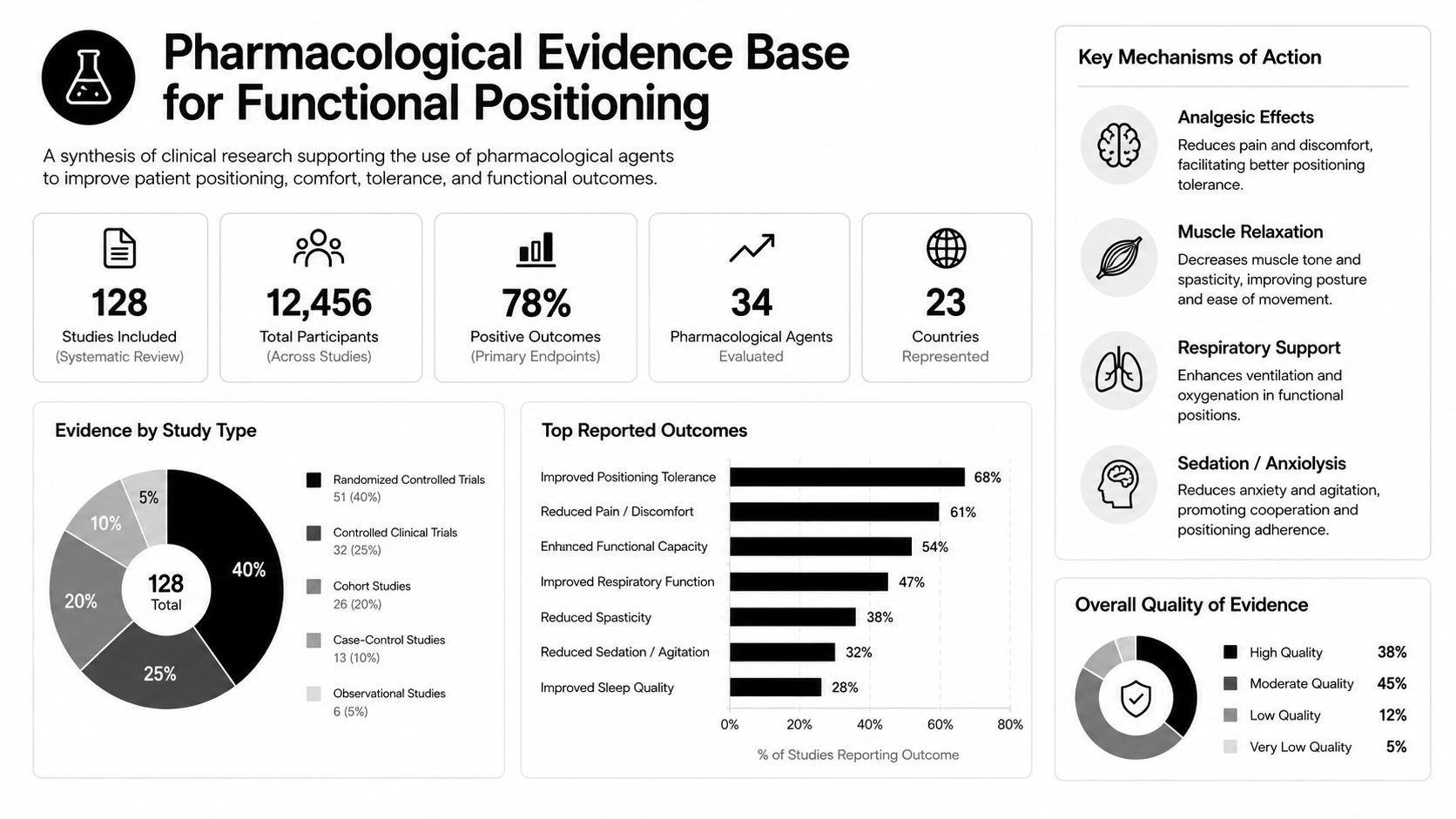 An infographic summarizing pharmacological evidence for functional patient positioning, including study statistics, outcomes, and mechanisms of action.