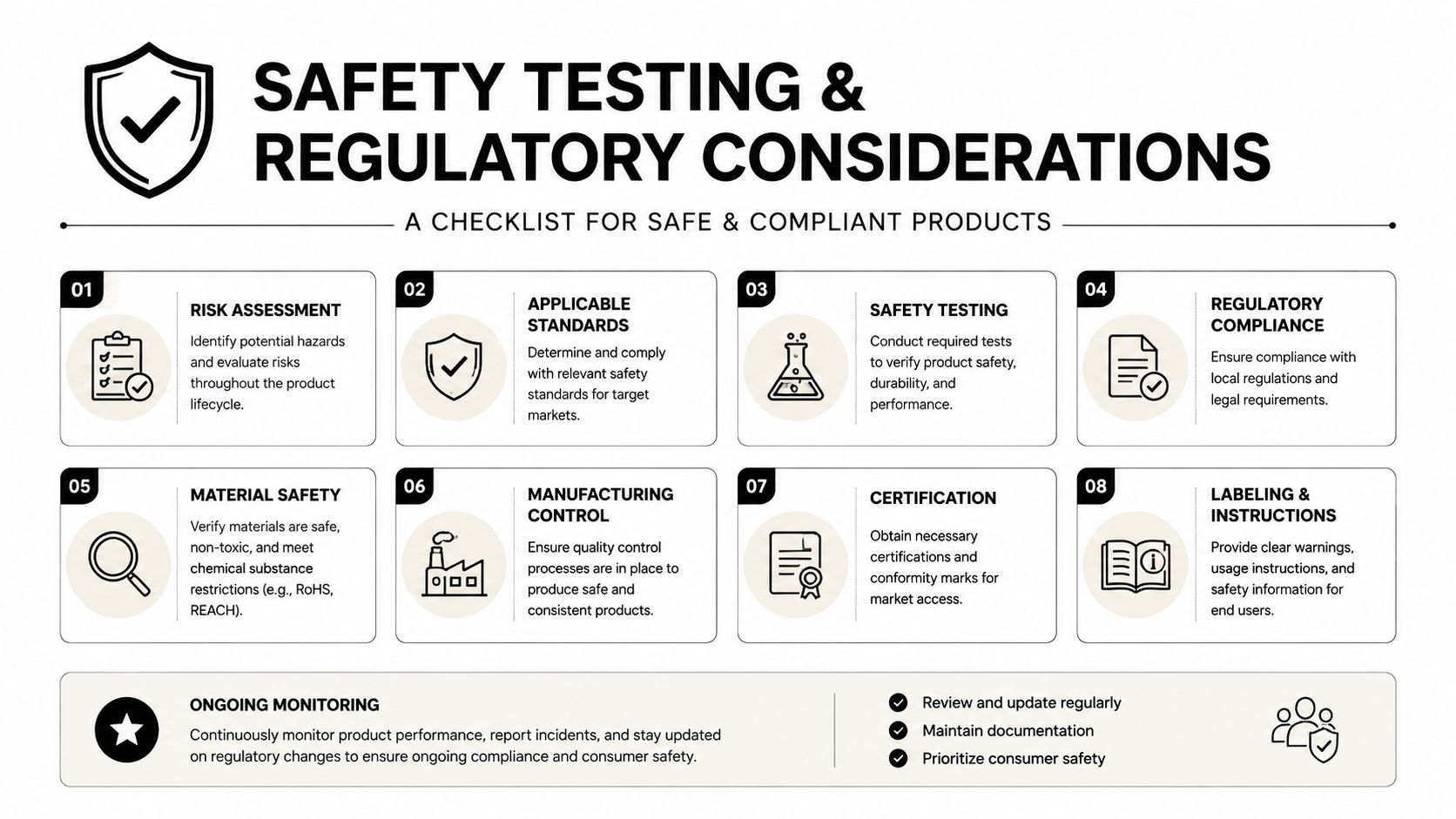 A comprehensive infographic outlining a step-by-step checklist for product safety testing and regulatory compliance requirements.