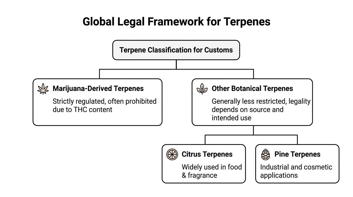 A diagram illustrating the global legal framework and customs classification for various types of botanical terpenes.