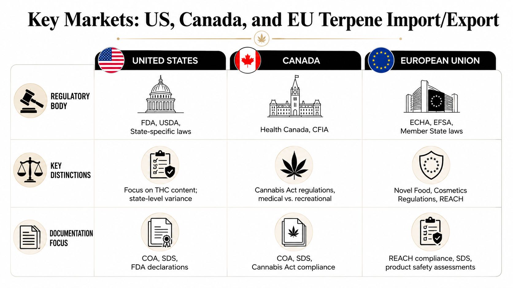 A comparison chart outlining regulatory bodies, key distinctions, and documentation requirements for terpene import and export.