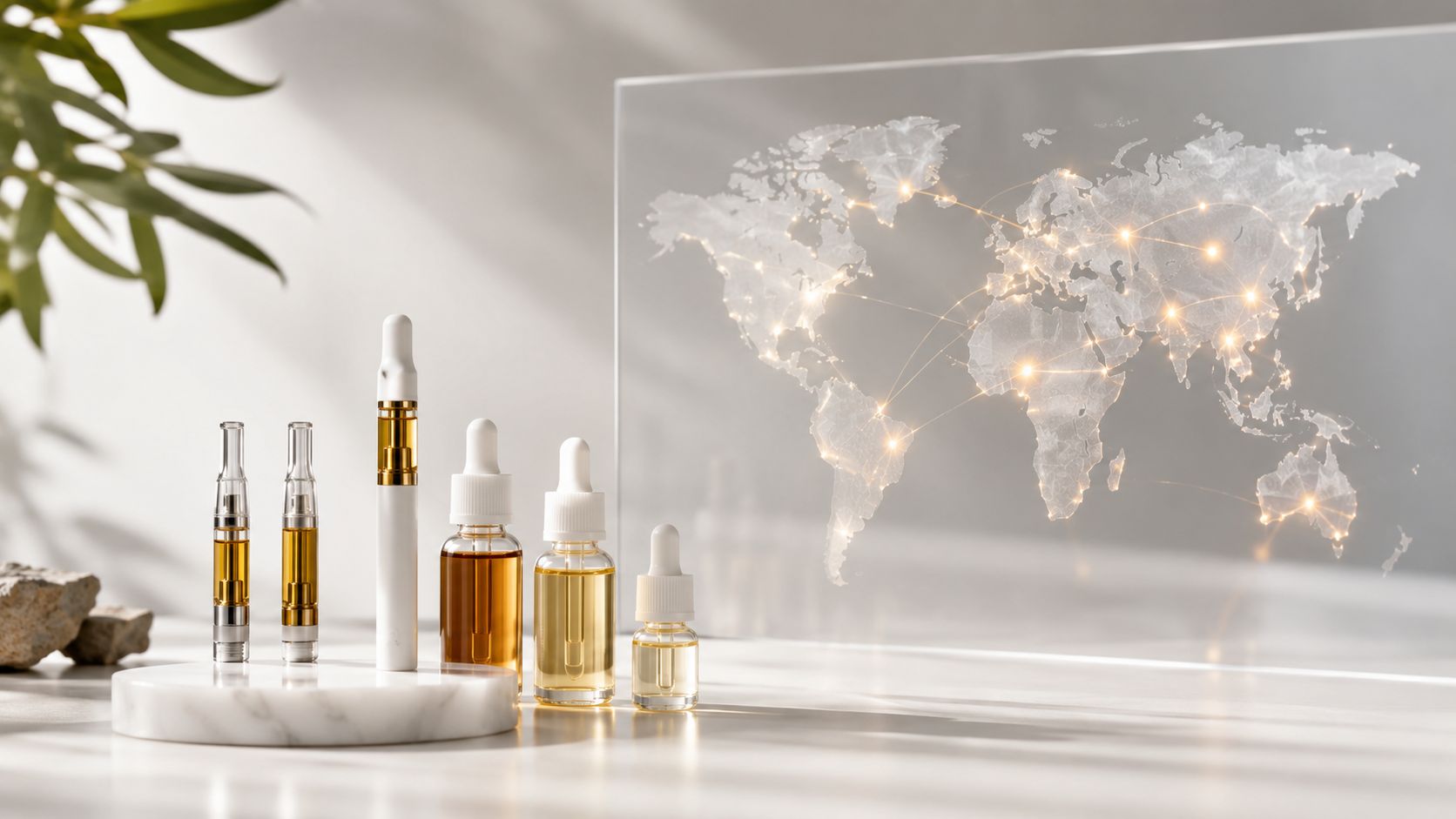 A minimalist display of cosmetic vape cartridges and serum bottles on a white marble surface before a world map.